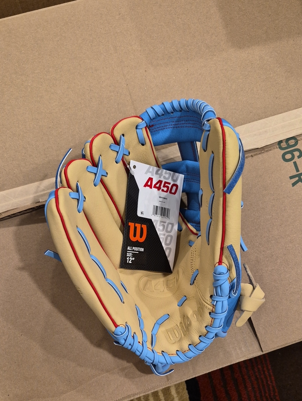 Wilson A450 All-Position Baseball Glove in Cream, Light Blue and Red Trim